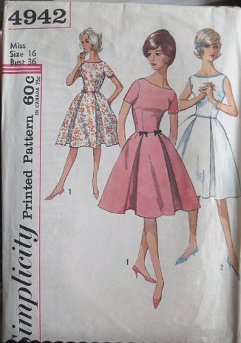 S4942 1950s Vintage Jrs/Misses One-Piece Dress Sewing Pattern
