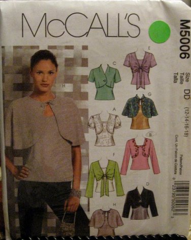 2005 M5006 Misses' Shrugs,Capelets,Tops Sewing Pattern;SZ: 12-14