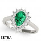 Royalty Halo Right Hand 14kt Pear Cut Emerald & Diamonds Ring