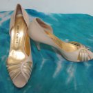 EUC - BRUNO MAGLI BEIGE & GOLD LEATHER HIGH HEEL PEEP-TOE SHOES/PUMPS - SIZE 37