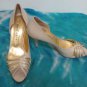 EUC - BRUNO MAGLI BEIGE & GOLD LEATHER HIGH HEEL PEEP-TOE SHOES/PUMPS - SIZE 37