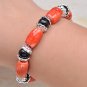 NATURAL AAA GRADE ORANGE SEA CORAL BLACK ONYX GEMSTONE BRACELET STRETCHY 25"