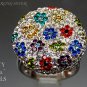 FLOWERBED STERLING SILVER WHITE AND MULTICOLORED CRYSTAL STUDDED FLOWERS RING