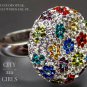 FLOWERBED STERLING SILVER WHITE AND MULTICOLORED CRYSTAL STUDDED FLOWERS RING