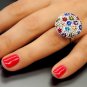 FLOWERBED STERLING SILVER WHITE AND MULTICOLORED CRYSTAL STUDDED FLOWERS RING