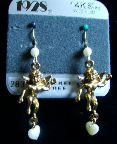 1928 Jewelry Co Pierced Earrings Victorian Styled CHERUBS 14K Gold