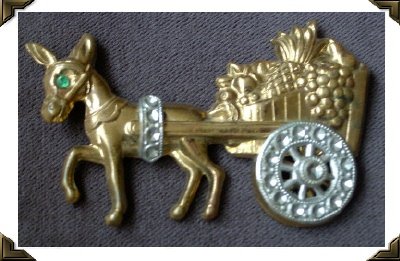 Vintage Pin / Brooch ~ DONKEY PULLING CART