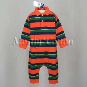 NwT POLO RALPH LAUREN boys ORANGE STRIPED Long Sleeve KNIT ROMPER COVERALL 12m New With Tags