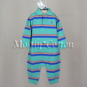 NwT POLO RALPH LAUREN boys TEAL GREEN STRIPED Long Sleeve KNIT ROMPER COVERALL 18m New With Tags