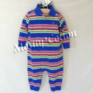NwT POLO RALPH LAUREN boys MULTI STRIPED Long Sleeve KNIT ROMPER COVERALL 12m New With Tags