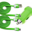 2X GREEN Micro USB Flat Noodle Data Cable Charger Samsung Galaxy s3 + Car Plug!