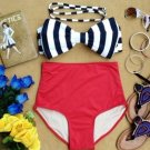 Maddie Bow Retro High Waist Swimsuit (Dark Navy Blue/White Top & Red Bottom) S/M