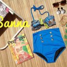 Sanna Retro High Waist Swimsuits (Multi Color Top and Blue Bottom)