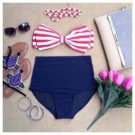 Sexy Stripes Bow Retro High Waist Swimsuits (White & Red Top & Blue Bottom) L/XL