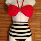 Seduction Bow Retro High Waist Swimsuits (Red Top and White & Black Bottom) L/XL