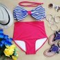 Nautic Bow Retro High Waist Swimsuit (Blue/White Striped Top & Red Bottom) S/M