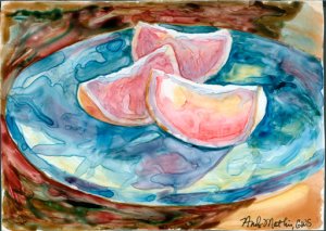 Grapefruit on Blue Plate- watercolor on yupo
