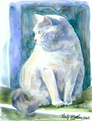 Grey Cat in Window- watercolor on Yupo