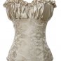 Gold Oriental Floral Print Overbust Corset With Ruched Satin Bust Area and Lace-up Back sizes S-4XL