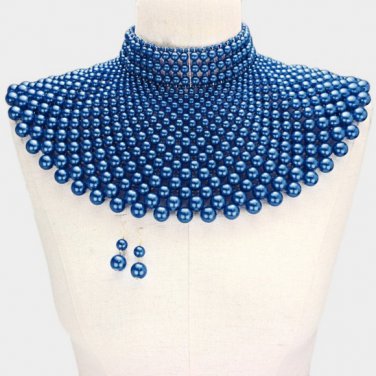 Blue Beaded Armor Choker Bib Chain Necklace Set