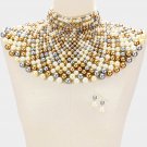 Gold Cream and Gray Beaded Armor Choker Bib Chain Necklace Set