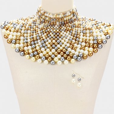 Gold Cream and Gray Beaded Armor Choker Bib Chain Necklace Set