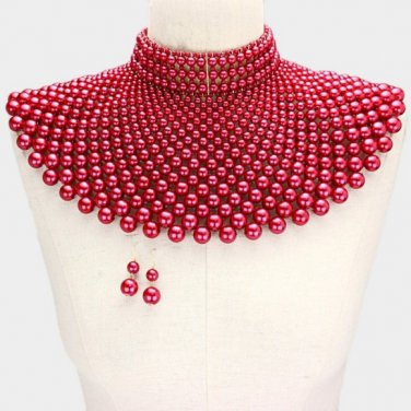Red Beaded Armor Choker Bib Chain Necklace Set