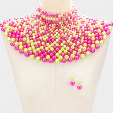 Pink and Green Beaded Armor Choker Bib Chain Necklace Set