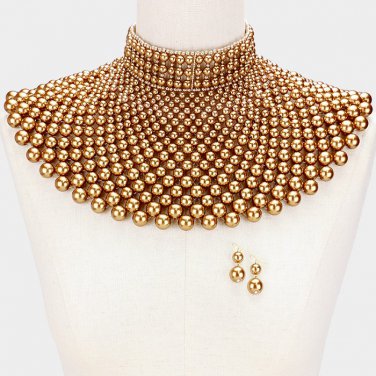 Gold Beaded Armor Choker Bib Chain Necklace Set
