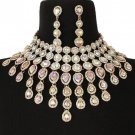 Elegant Gold and Abalone Fringe Crystal Choker Bib Chain Necklace Set