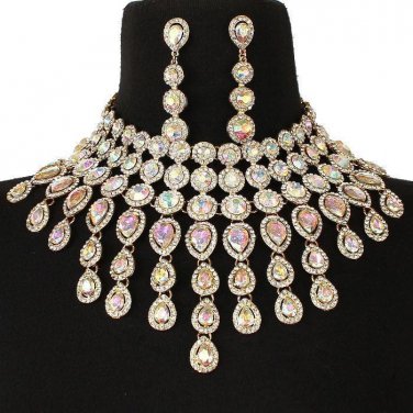 Elegant Gold and Abalone Fringe Crystal Choker Bib Chain Necklace Set