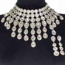 Elegant Silver Fringe Crystal Choker Bib Chain Necklace Set