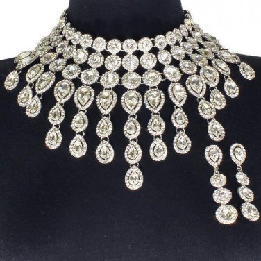Elegant Silver Fringe Crystal Choker Bib Chain Necklace Set