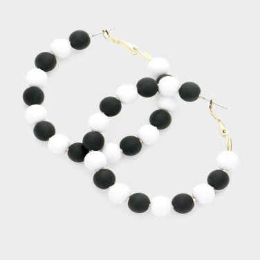 Black And White Beaded Round Shaped Hoop Style Fashion 2.1 Inch Hoop Earrings