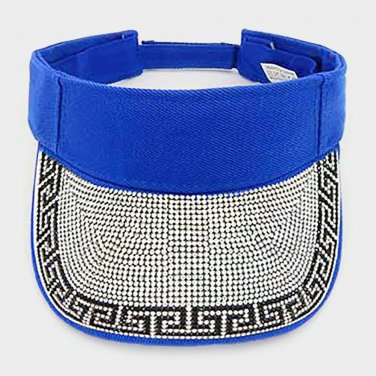 Blue Silver Rhinestone Greek Patterned Summer Visor Hat Bling Fashion Statement