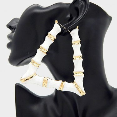 White & Gold Triangle Bamboo Textured Cute DoorKnocker 3.5 Inches Hoop Earrings