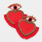 Red Tassled Trimmed Heart Shaped Fashion 2.5 Inch Cute Fringe Dangle Earrings