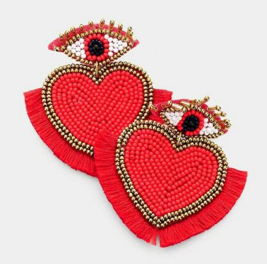 Red Tassled Trimmed Heart Shaped Fashion 2.5 Inch Cute Fringe Dangle Earrings