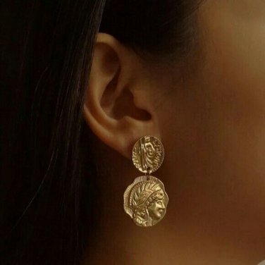 Gold Coin Medusa Portrait Dangle Earrings Style Fashion Jewelry Drop Statement