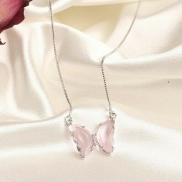 Light Pink Butterfly Necklace Pendant Statement Charm Crystal Jewelry Silver