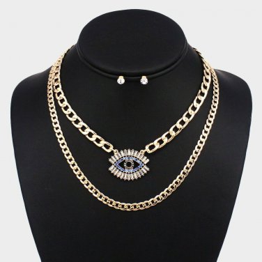 Gold Crystal Evil Eye Necklace Pendant Style Statement Chain Link Trendy Jewelry