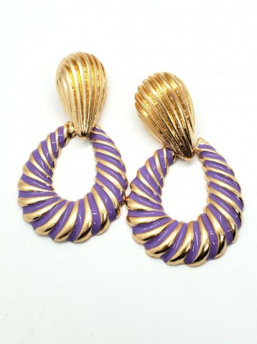Purple and Gold Swirl Teardrop Shaped Doorknocker 2.75 Inch Drop Dangle Earrings