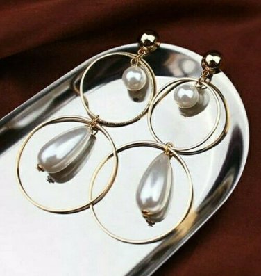Gold Multi Pendant Pearl Hoop Drop Dangle Earrings Design Fashion Jewelry Trendy