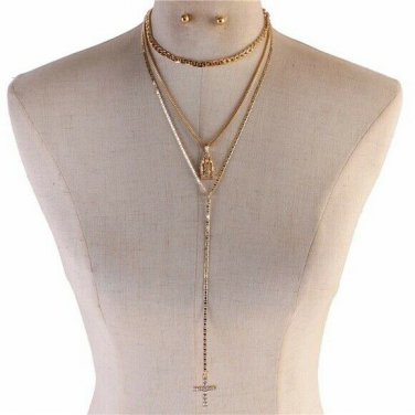 Gold Multi Layered Necklace Jesus Cross Pendant Statement Chain Jewelry Set
