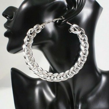 Large Silver Chain Link Round Fashion Stylish Trendy Modern Big Hoop Earrings
