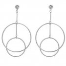 Silver Double Round Pendant Fashion Trendy Dangle Drop Casual Hoop Earrings