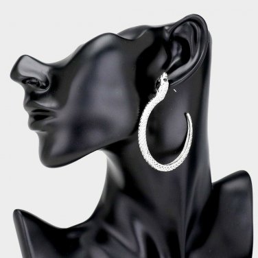 Black and Silver Rhinestone Snake Crystal 2.25" Casual Textured Hoop Earrings