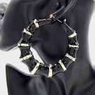 Black & Gold Round Bamboo Textured Cute DoorKnocker 3 Inch Hoop Earrings Circle