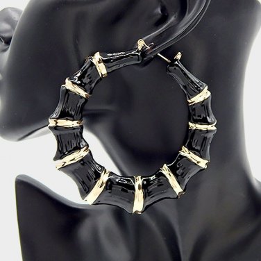 Black & Gold Round Bamboo Textured Cute DoorKnocker 3 Inch Hoop Earrings Circle