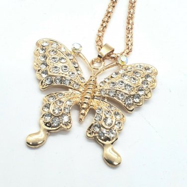 Long Gold Rhinestone Butterfly Necklace Pendant Statement Chain Fashion Jewelry